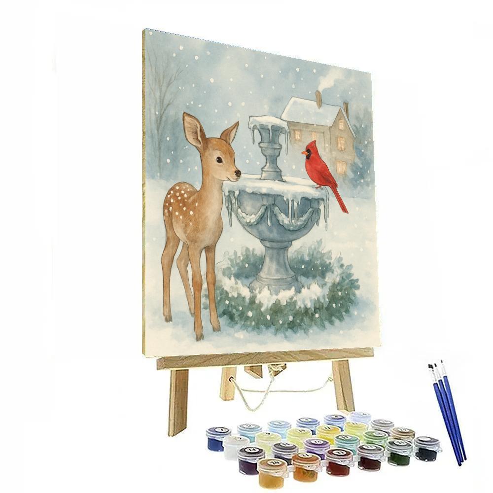 Fawn And Cardinal At The Frozen Fountain Paint by numbers art