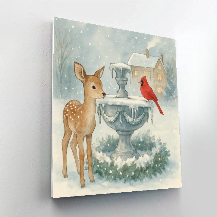Fawn And Cardinal At The Frozen Fountain Paint by numbers art