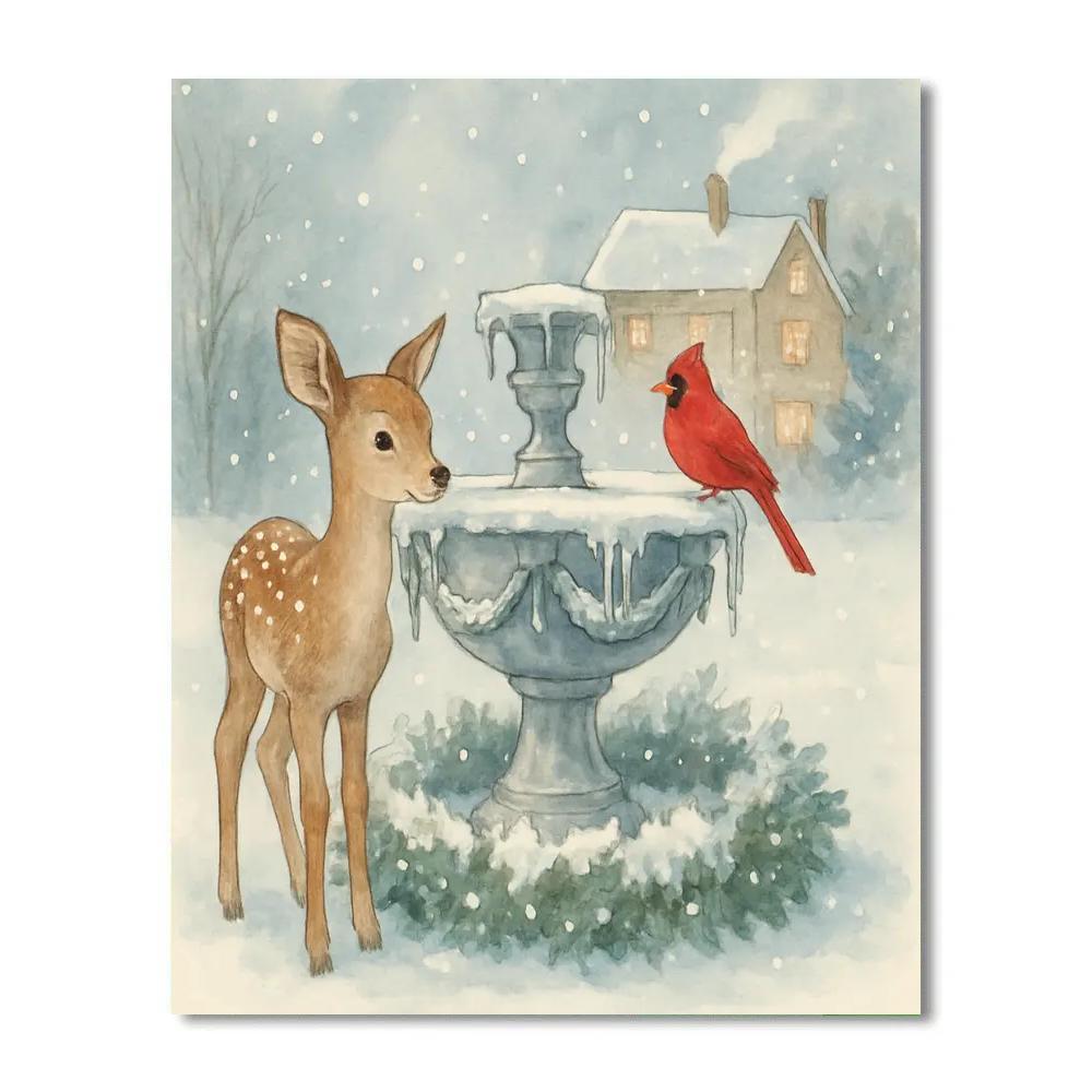 Fawn And Cardinal At The Frozen Fountain Paint by numbers art