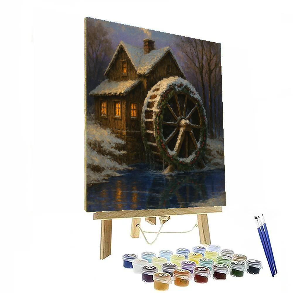Snowy Mill Wheel Wrapped In Evergreen Paint by numbers art