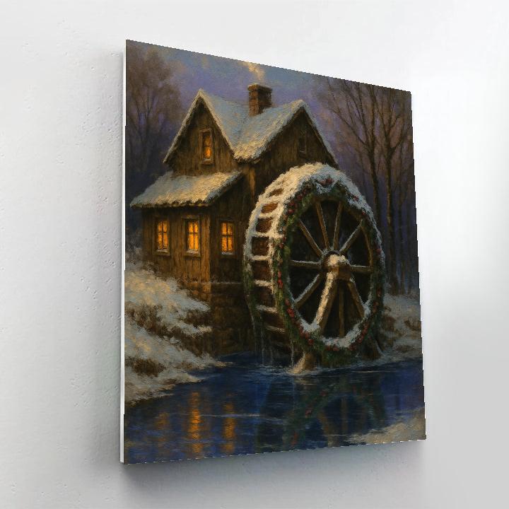 Snowy Mill Wheel Wrapped In Evergreen Paint by numbers art