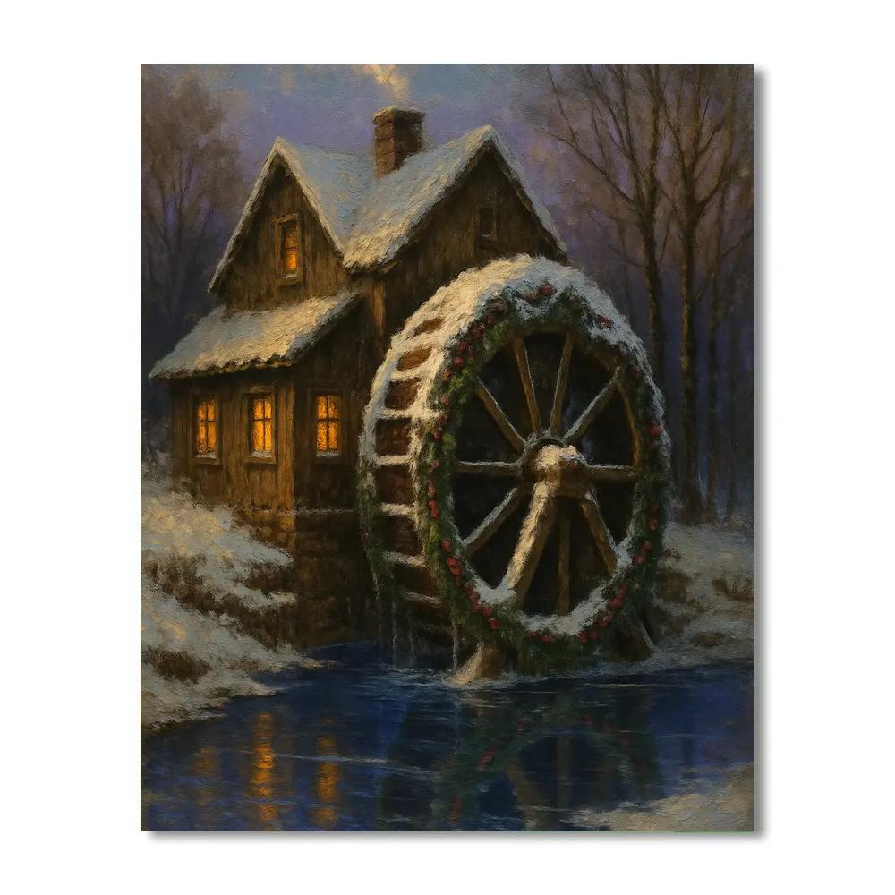 Snowy Mill Wheel Wrapped In Evergreen Paint by numbers art