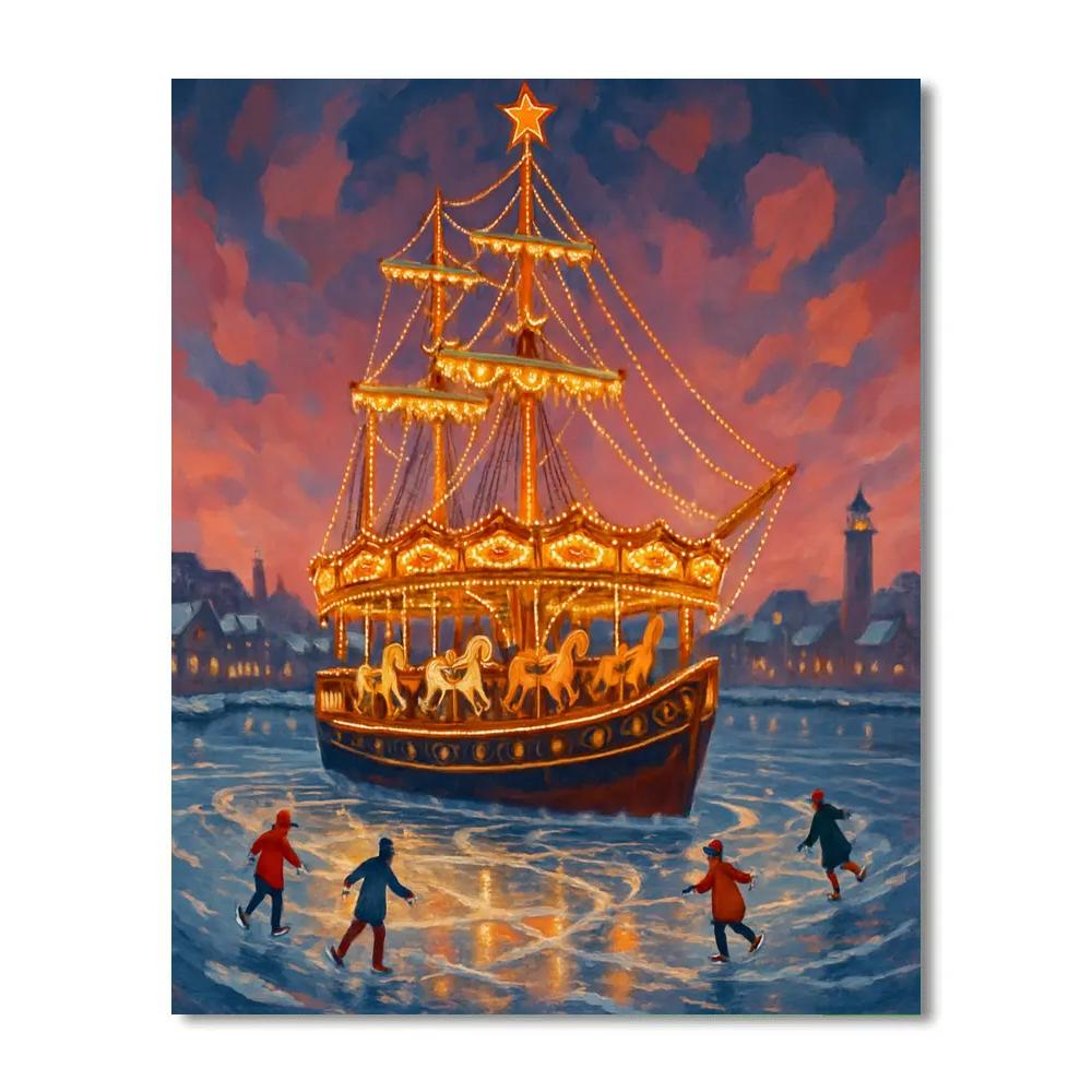 Snowbound Carousel Ship In The Frozen Harbor paint by color