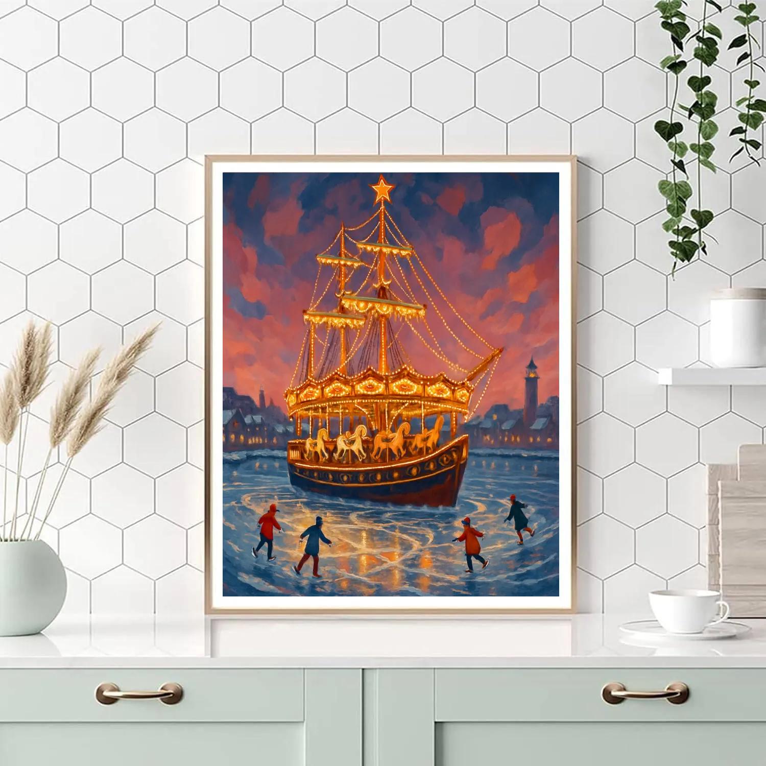 Snowbound Carousel Ship In The Frozen Harbor paint by color