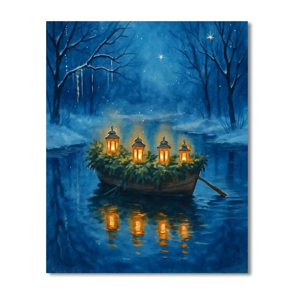 Christmas Lantern Boat On The Mirror Pond paint by numbers