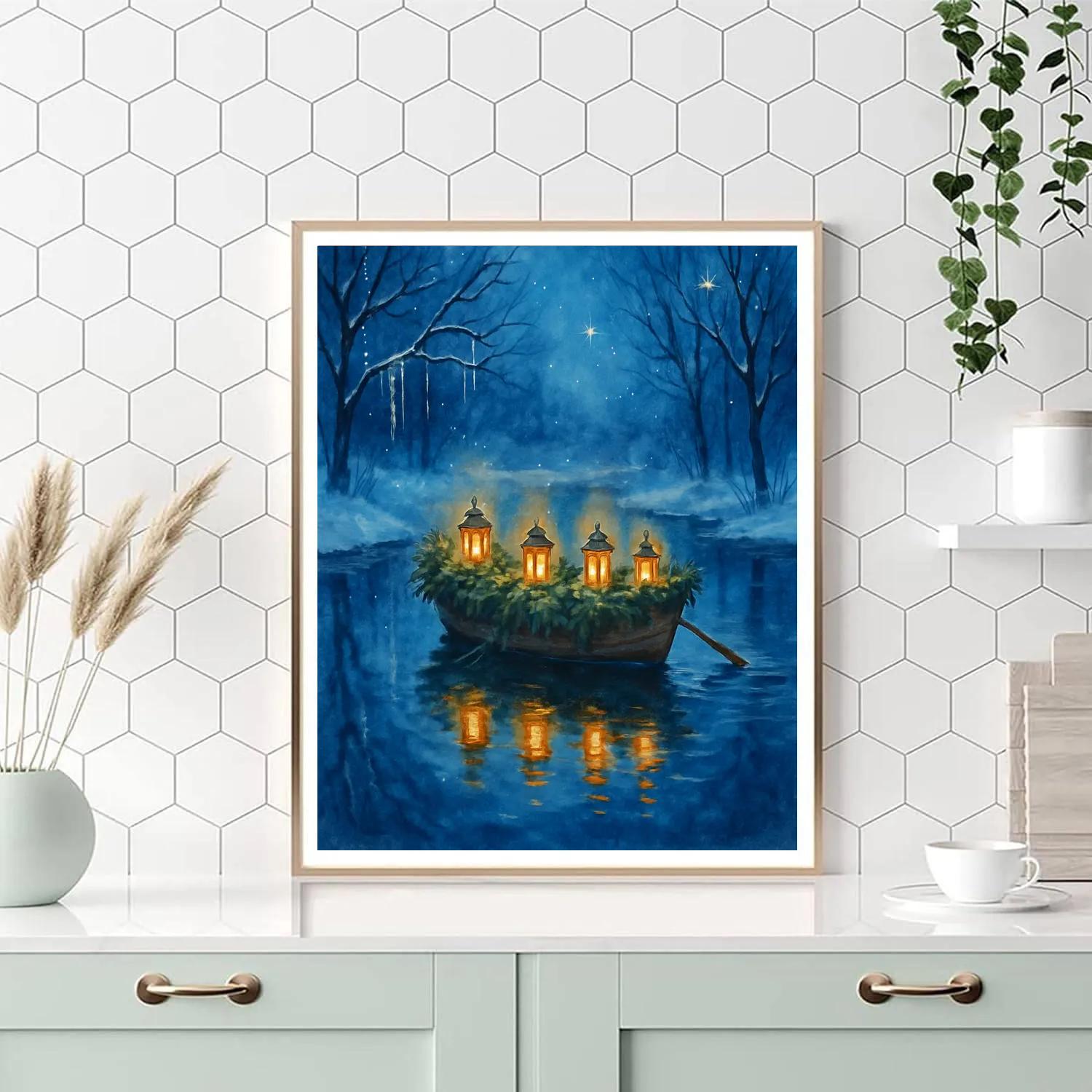 Christmas Lantern Boat On The Mirror Pond paint by numbers