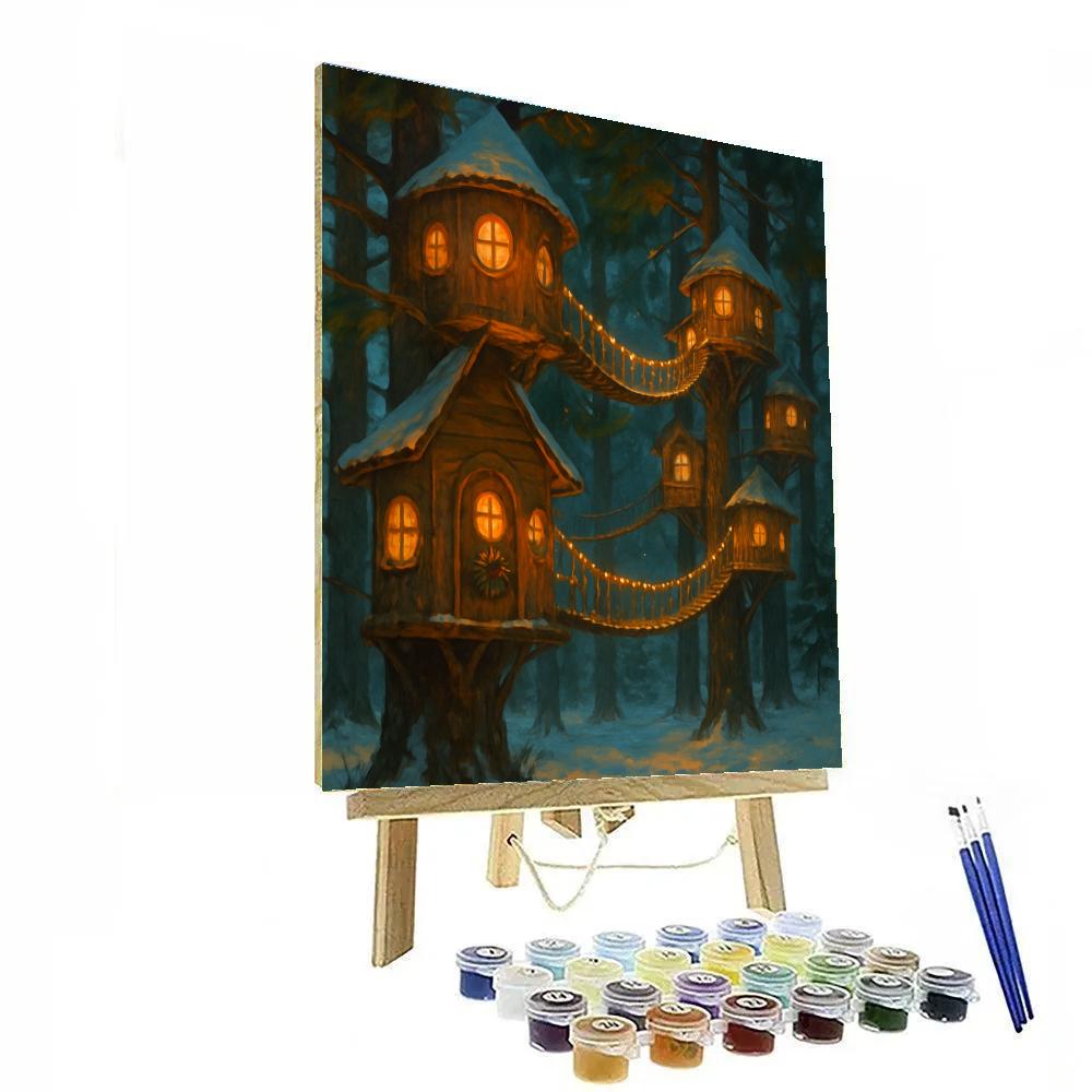 Snowy Treehouse Village With Rope Light Bridges Numbered painting kits