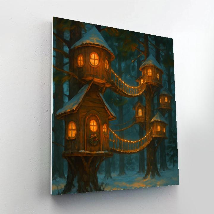 Snowy Treehouse Village With Rope Light Bridges Numbered painting kits