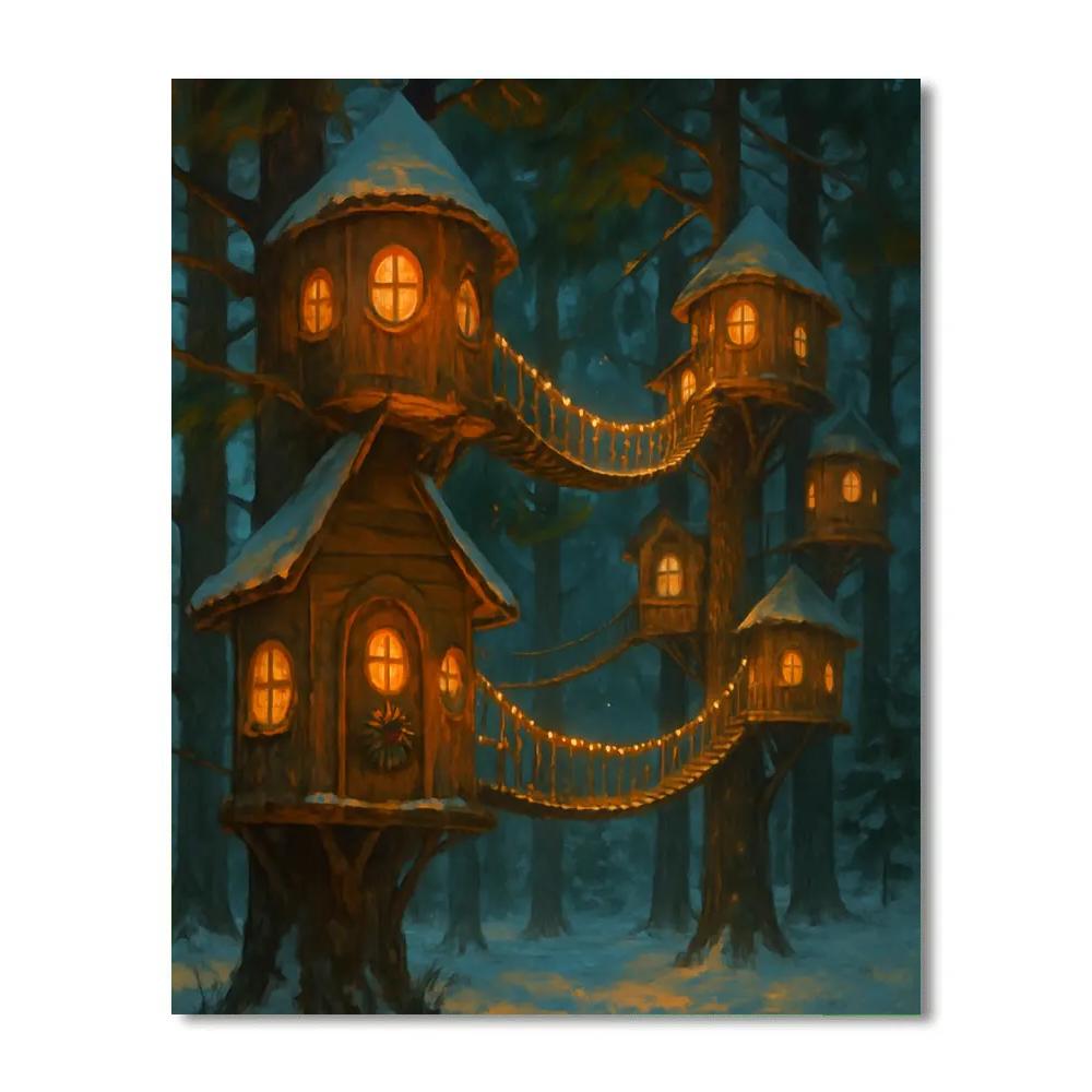 Snowy Treehouse Village With Rope Light Bridges Numbered painting kits