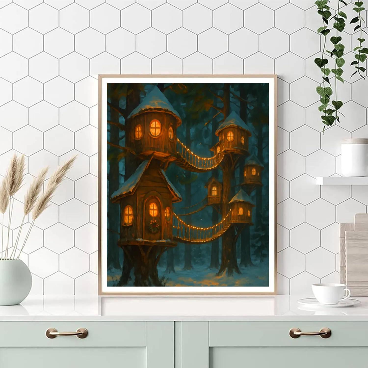 Snowy Treehouse Village With Rope Light Bridges Numbered painting kits
