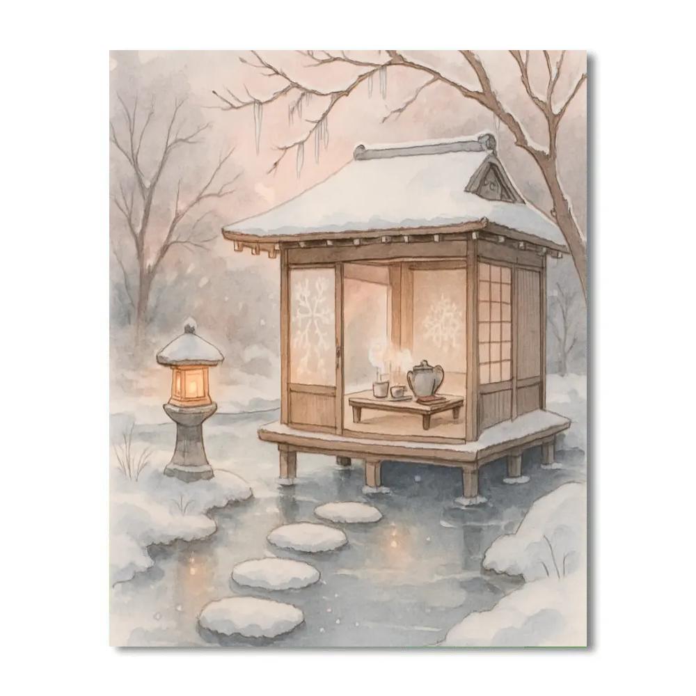 Frozen Tea House On The Garden Pond DIY paint by numbers