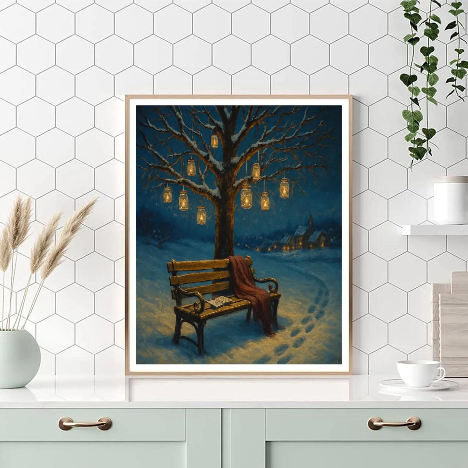 Snow Poet Bench Under The Lantern Tree Number painting