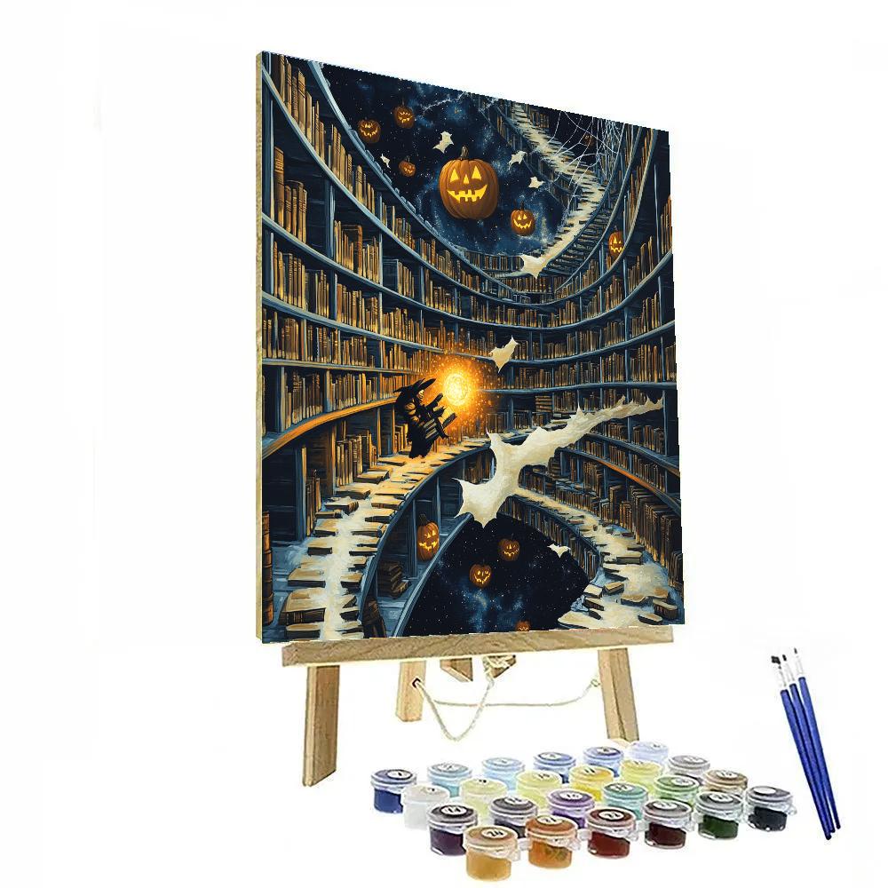 Midnight Library Of The Wandering Halloween Tomes paint by color