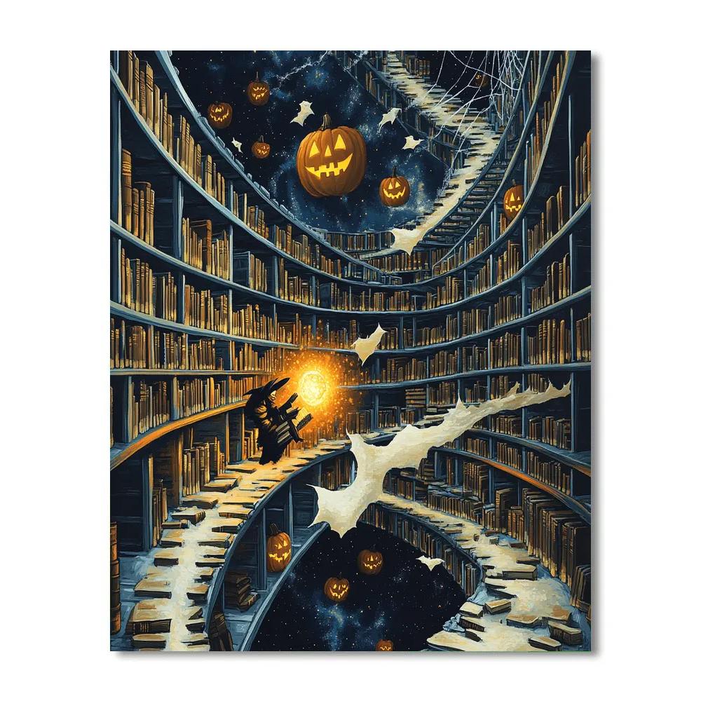 Midnight Library Of The Wandering Halloween Tomes paint by color