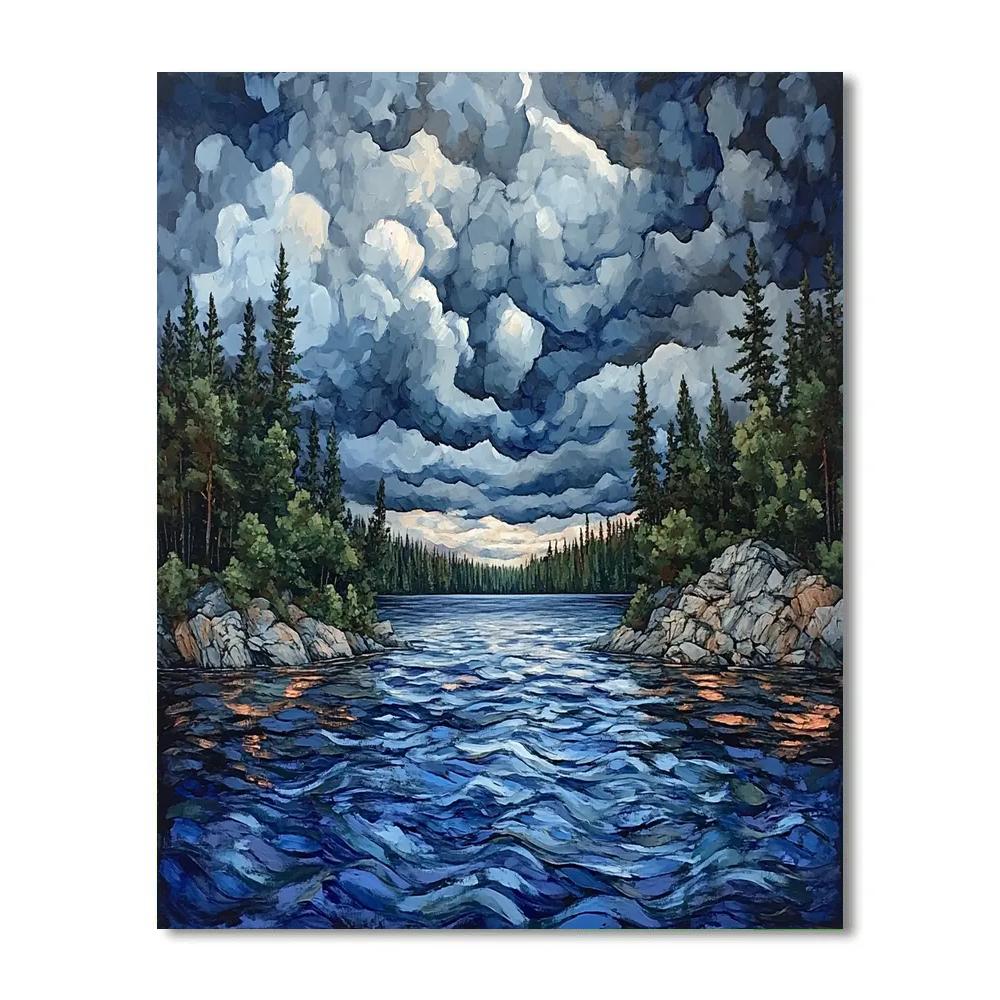 A.Y. Jackson Inspired Thunderclouds Above Pine Rimmed Lake DIY paint by numbers