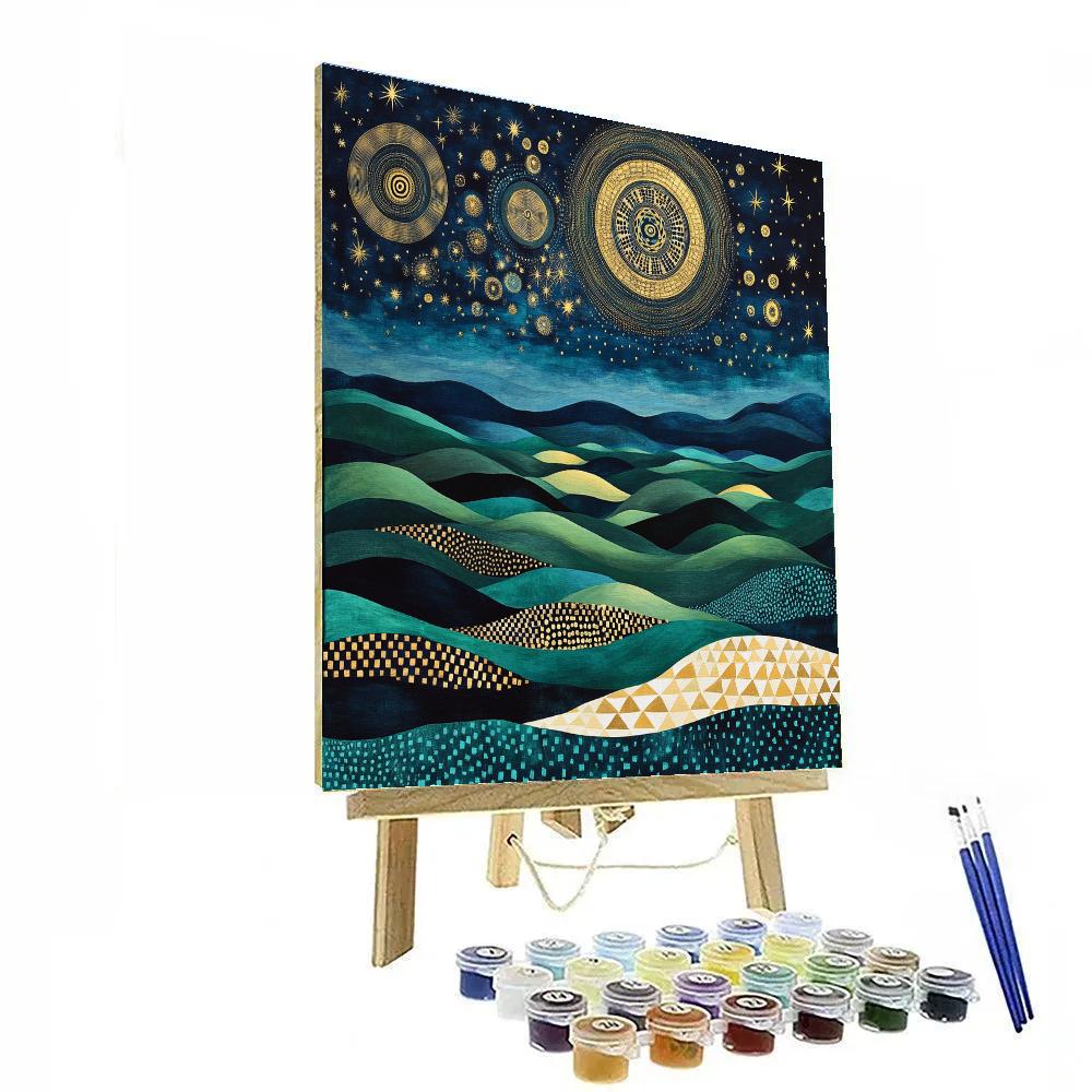 Gustav Klimt Inspired Spiral Night Sky Over Abstract Hills Number painting