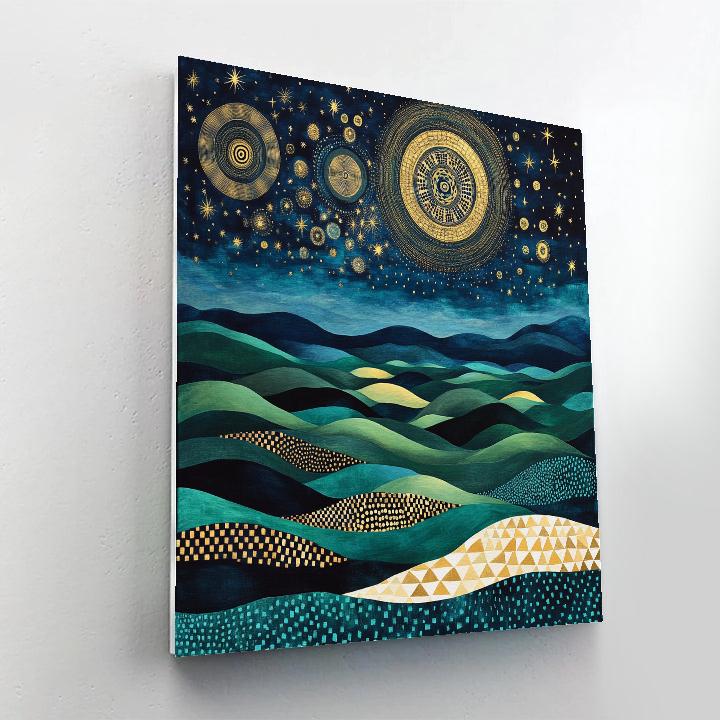 Gustav Klimt Inspired Spiral Night Sky Over Abstract Hills Number painting