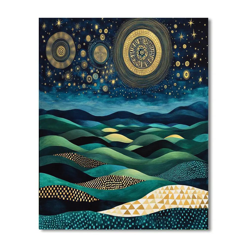Gustav Klimt Inspired Spiral Night Sky Over Abstract Hills Number painting