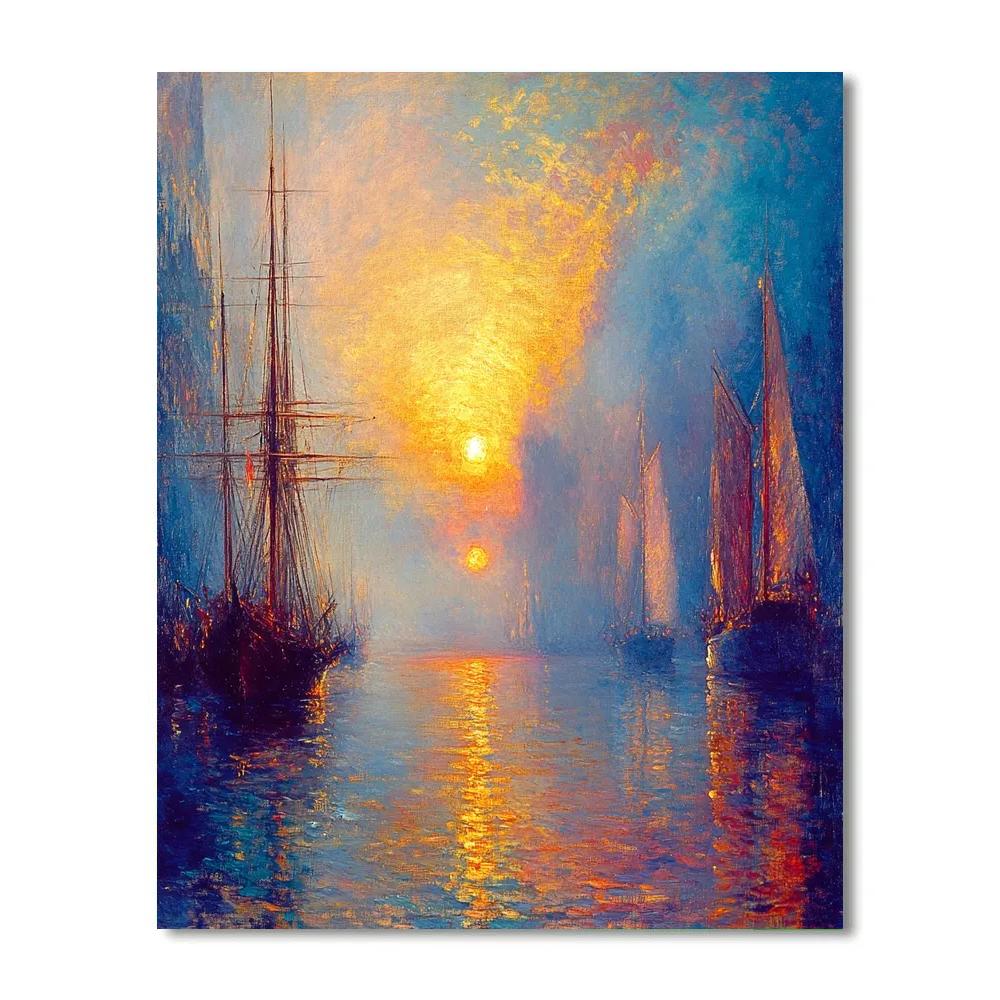 Turner Inspired Fiery Harbor Sunset Number painting