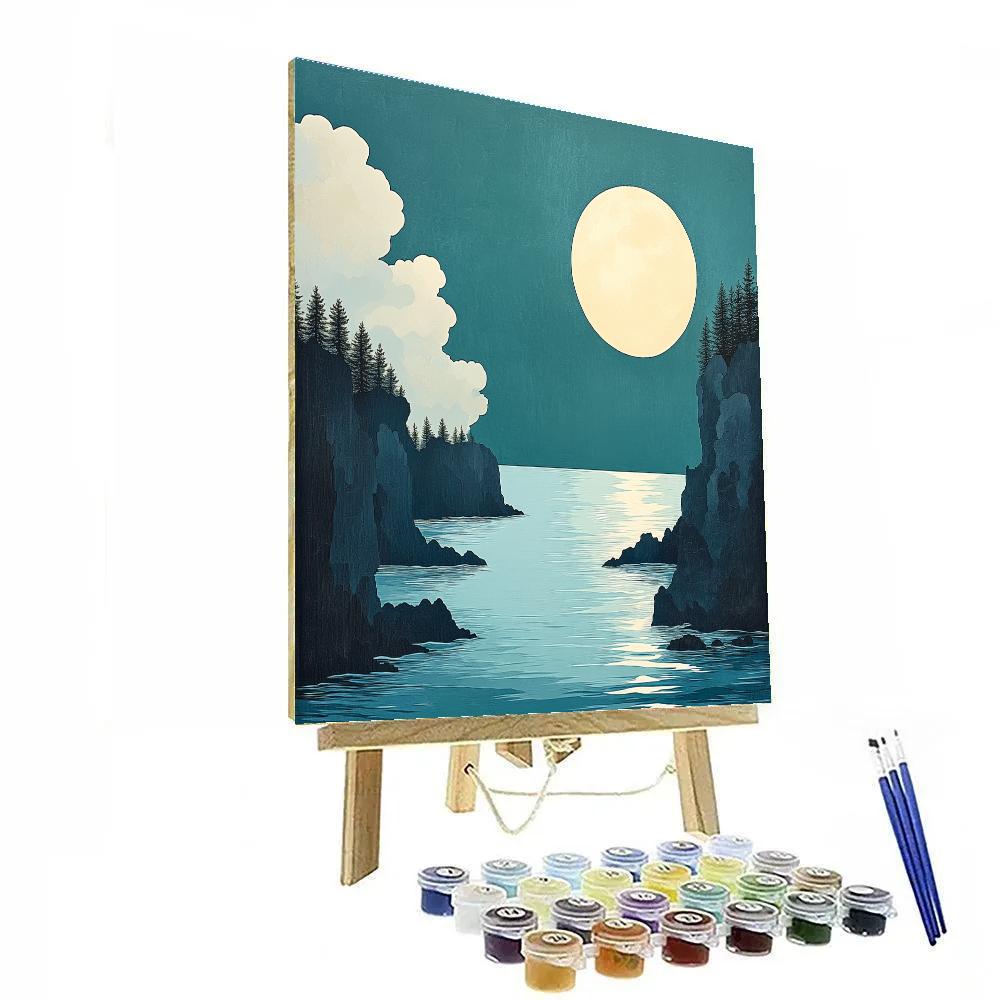 Hiroshige Inspired Moonlit Pines Above Silver Bay paint by number