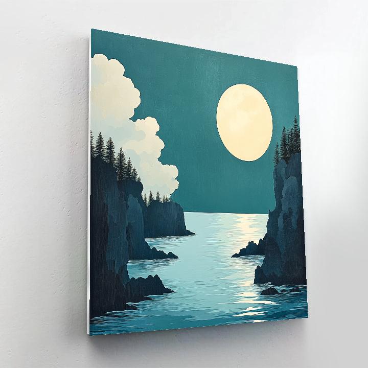 Hiroshige Inspired Moonlit Pines Above Silver Bay paint by number