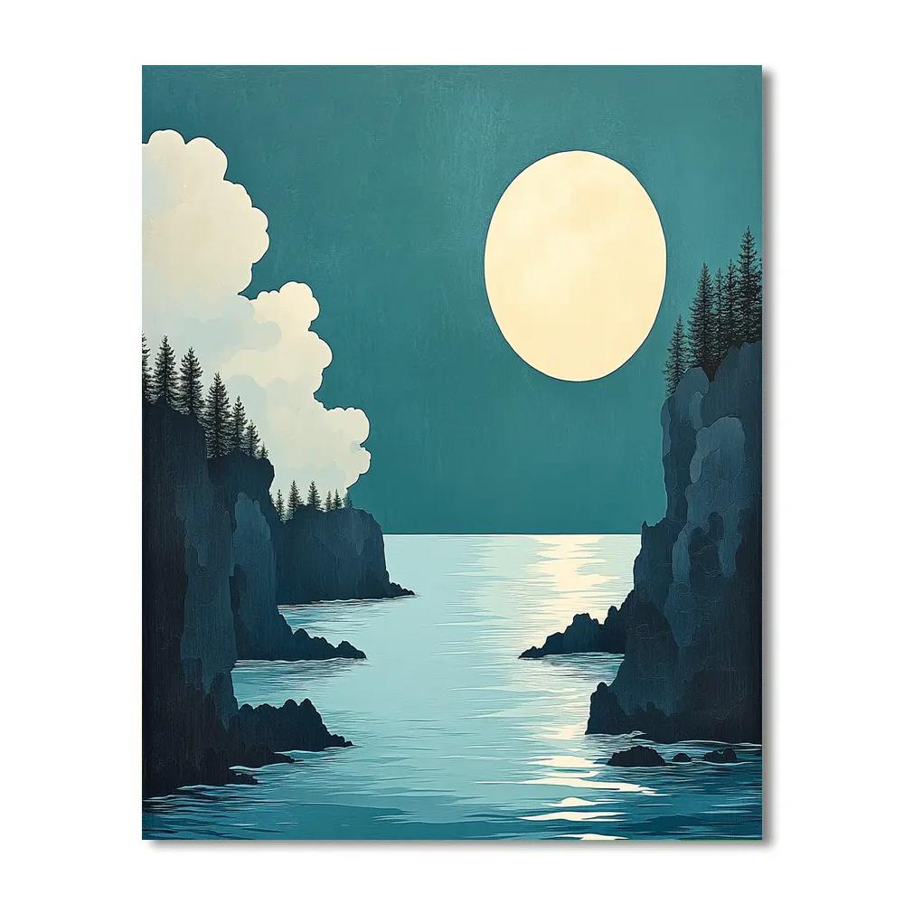 Hiroshige Inspired Moonlit Pines Above Silver Bay paint by number