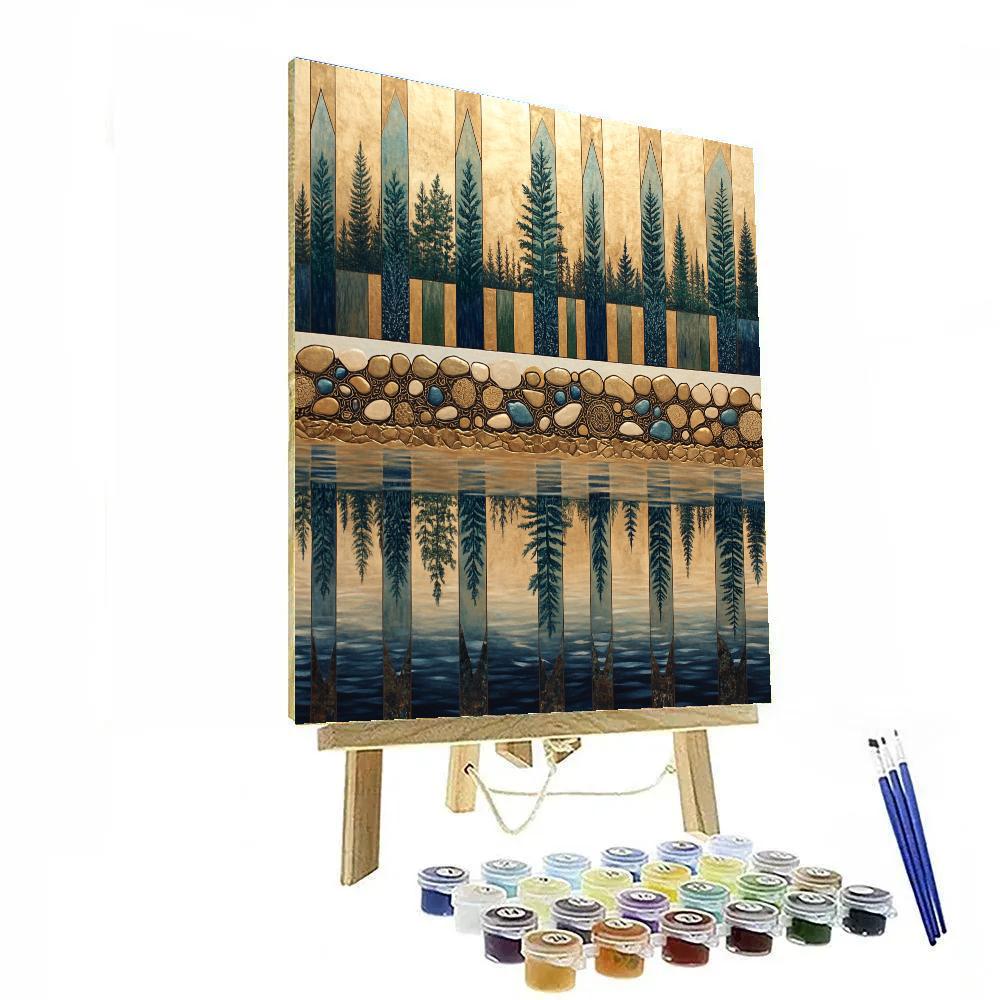 Gustav Klimt Inspired Golden Lake With Patterned Reflections Number painting