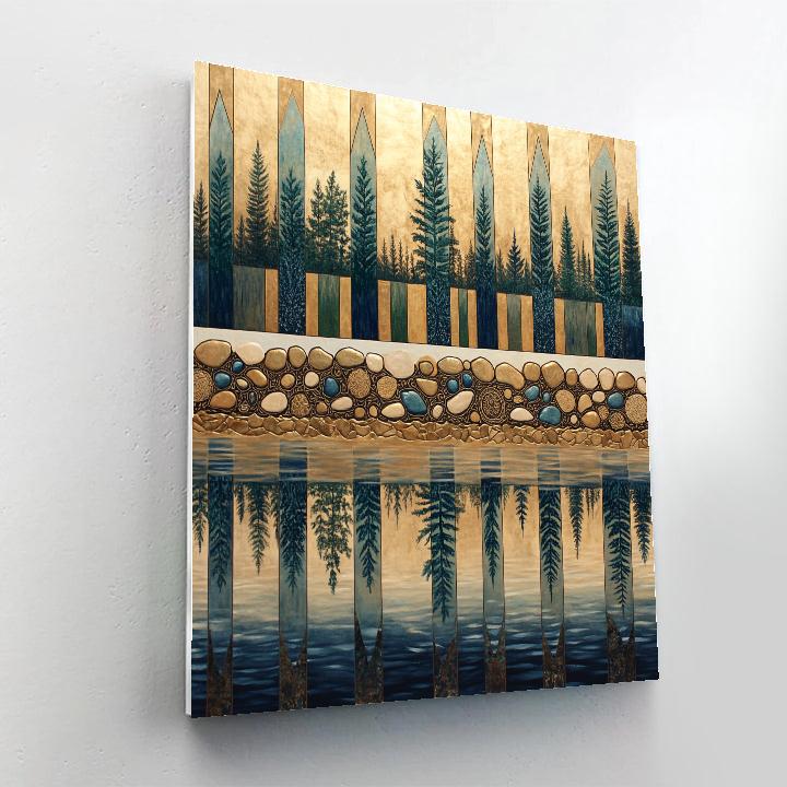 Gustav Klimt Inspired Golden Lake With Patterned Reflections Number painting