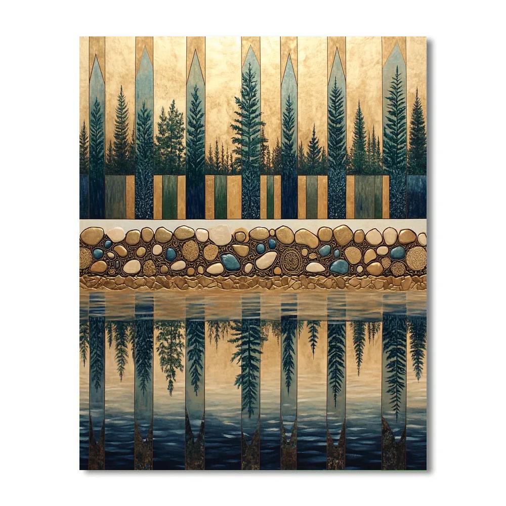 Gustav Klimt Inspired Golden Lake With Patterned Reflections Number painting