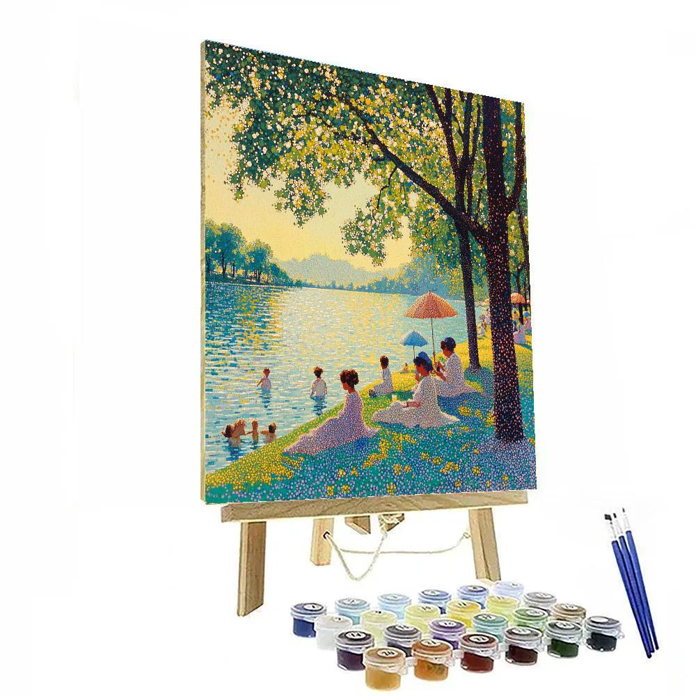 Seurat Inspired Pointillist Lakeside Picnic paint by color
