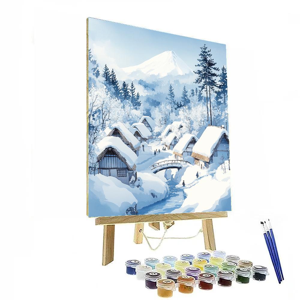 Hokusai Inspired Snow Covered Mountain Village paint by color