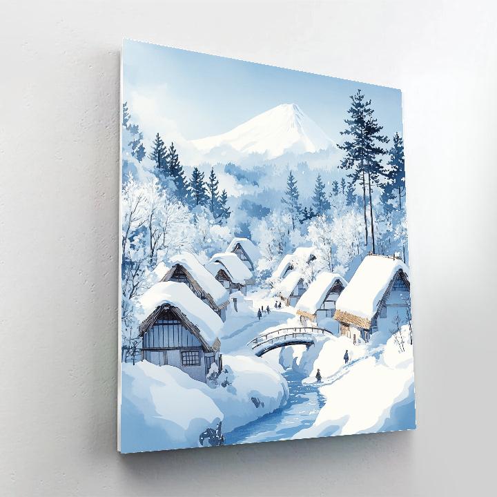 Hokusai Inspired Snow Covered Mountain Village paint by color