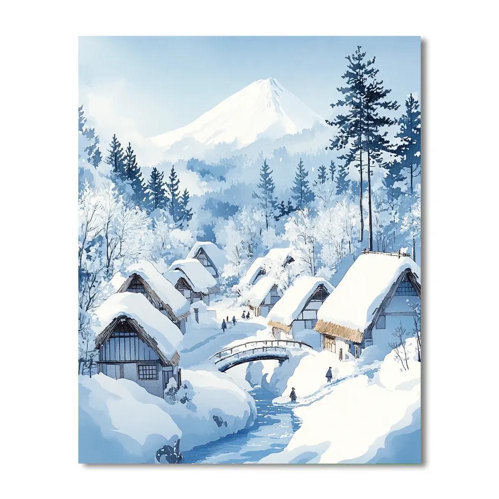 Hokusai Inspired Snow Covered Mountain Village paint by color