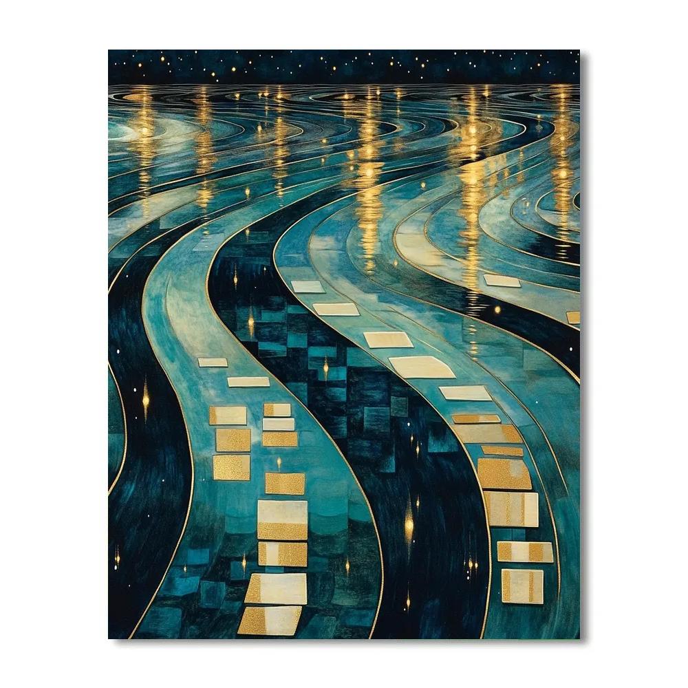 Gustav Klimt Inspired Golden Nocturne Water Surface Number painting