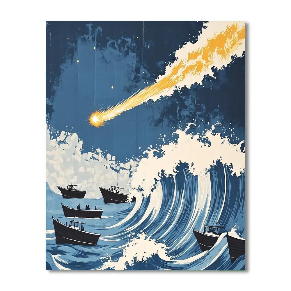 Hokusai Inspired Comet Over Fishing Boats paint by numbers