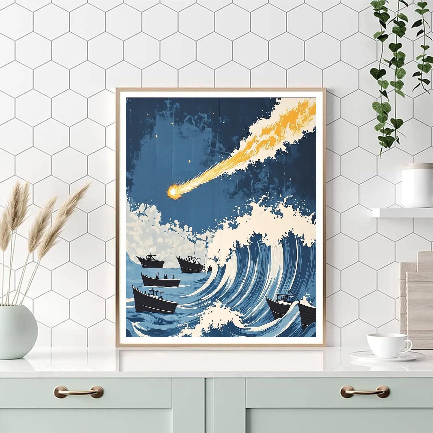 Hokusai Inspired Comet Over Fishing Boats paint by numbers