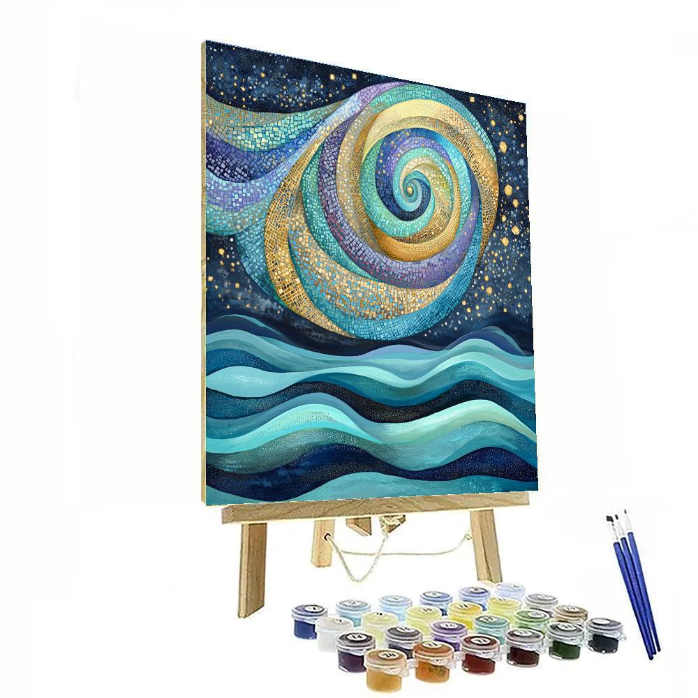 Gustav Klimt Inspired Spiral Aurora Over Patterned Sea paint by number