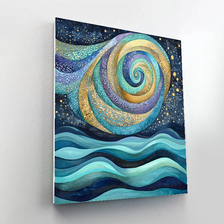 Gustav Klimt Inspired Spiral Aurora Over Patterned Sea paint by number