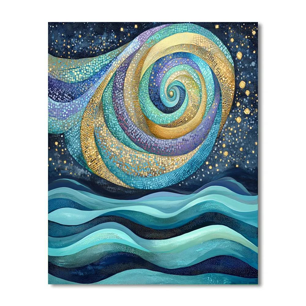 Gustav Klimt Inspired Spiral Aurora Over Patterned Sea paint by number