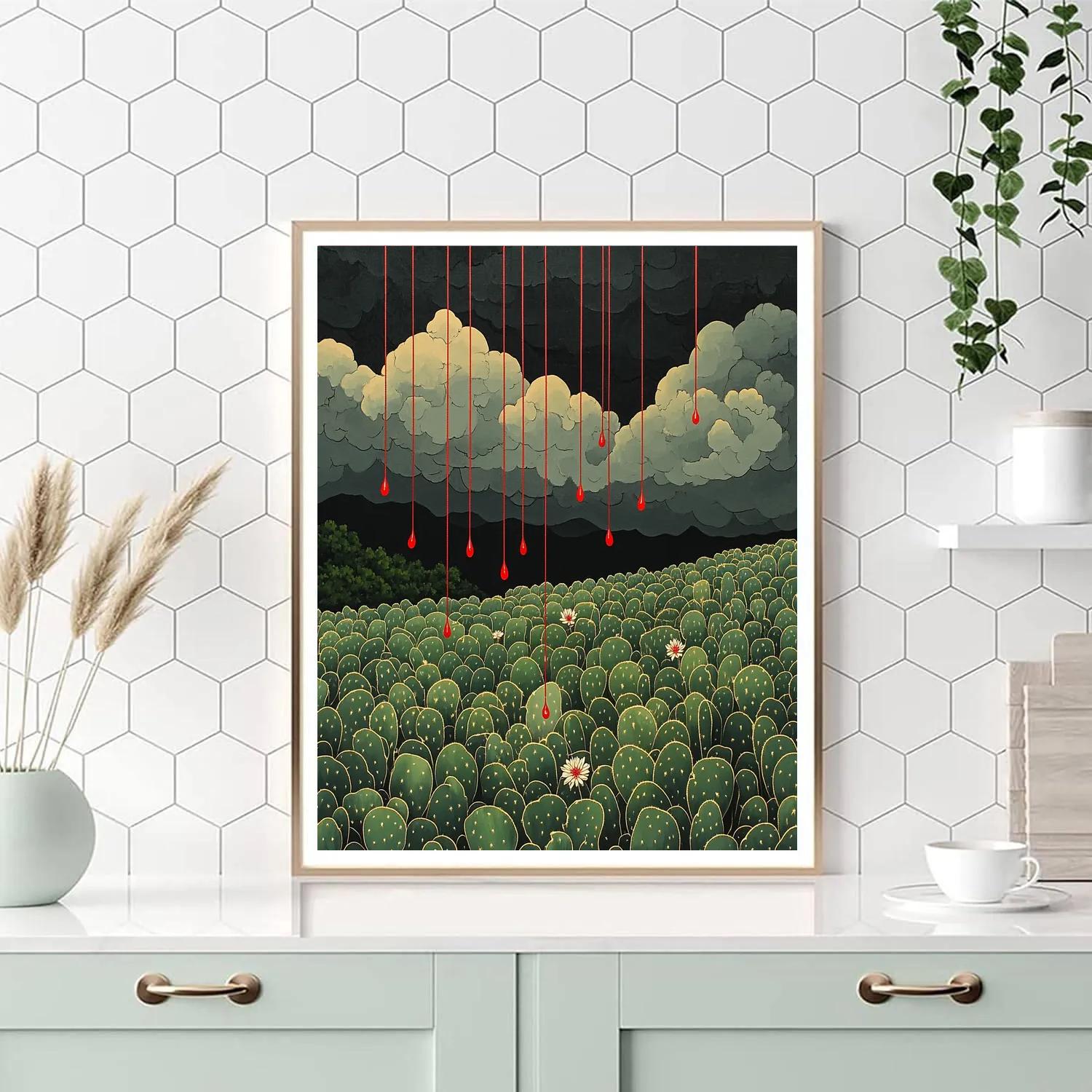 Frida Kahlo Inspired Crimson Rain Over Opuntia Sea paint by number