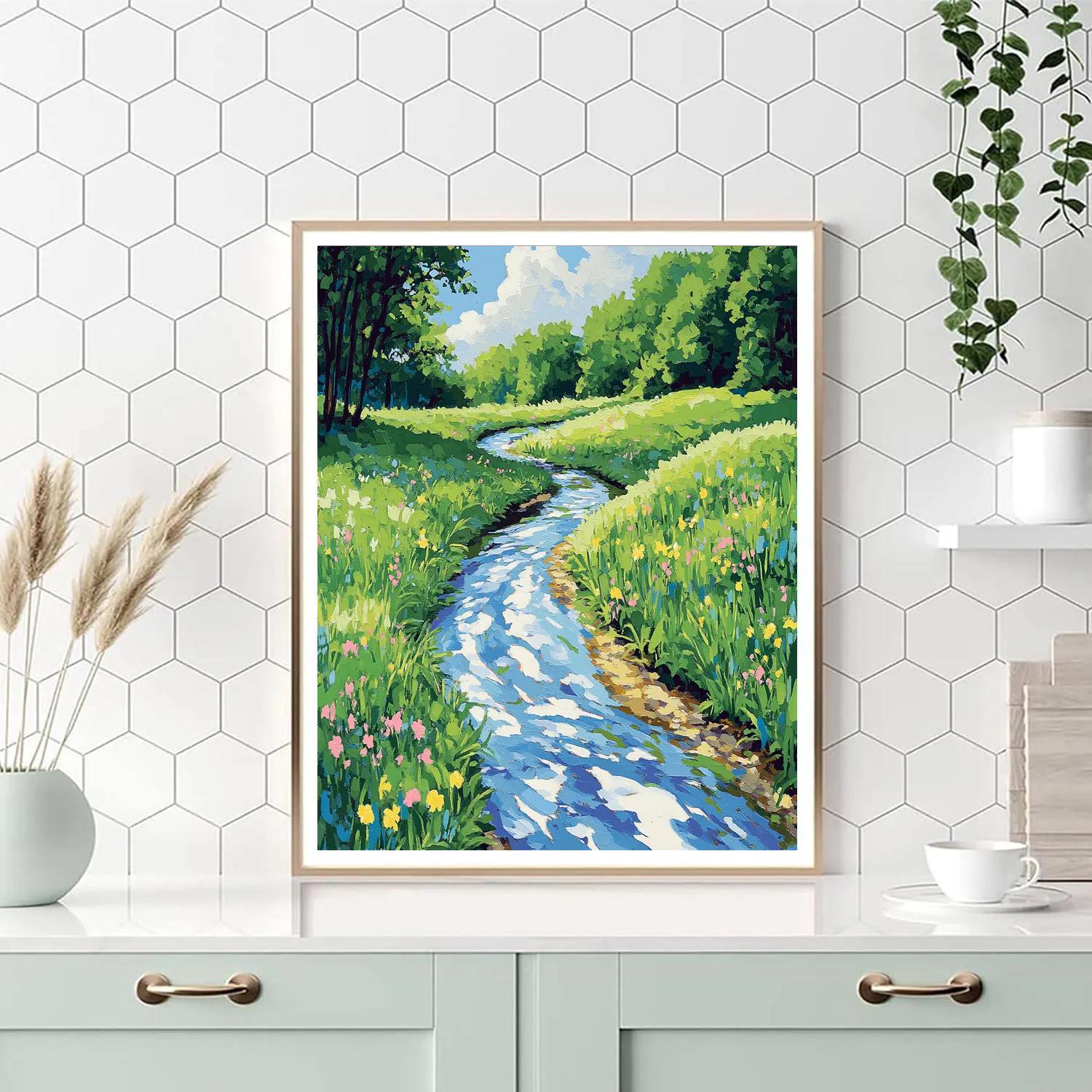 Claude Monet Inspired Creek Through Spring Meadow paint by color