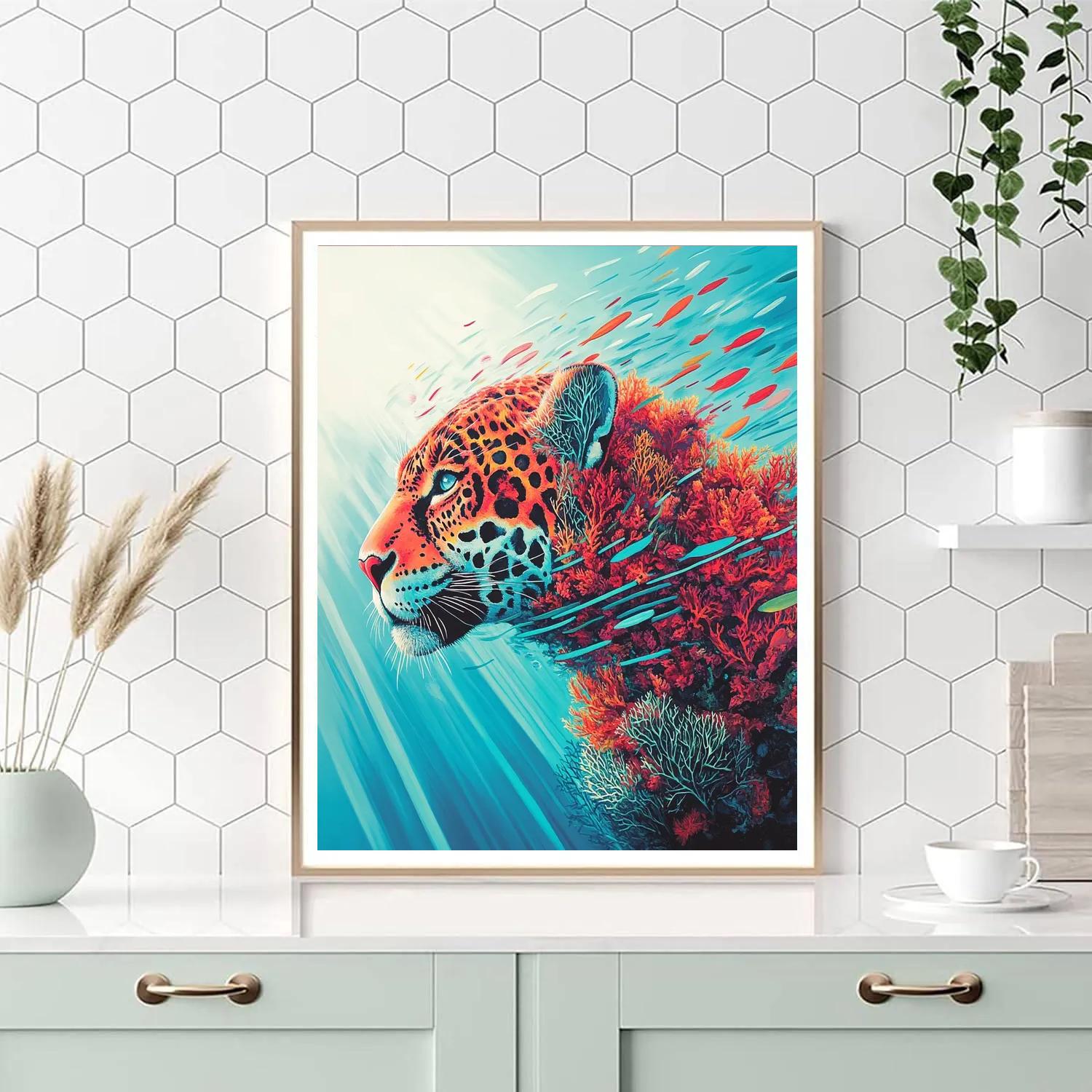 Frida Kahlo Inspired Coral Jaguar Reef Spine Number painting