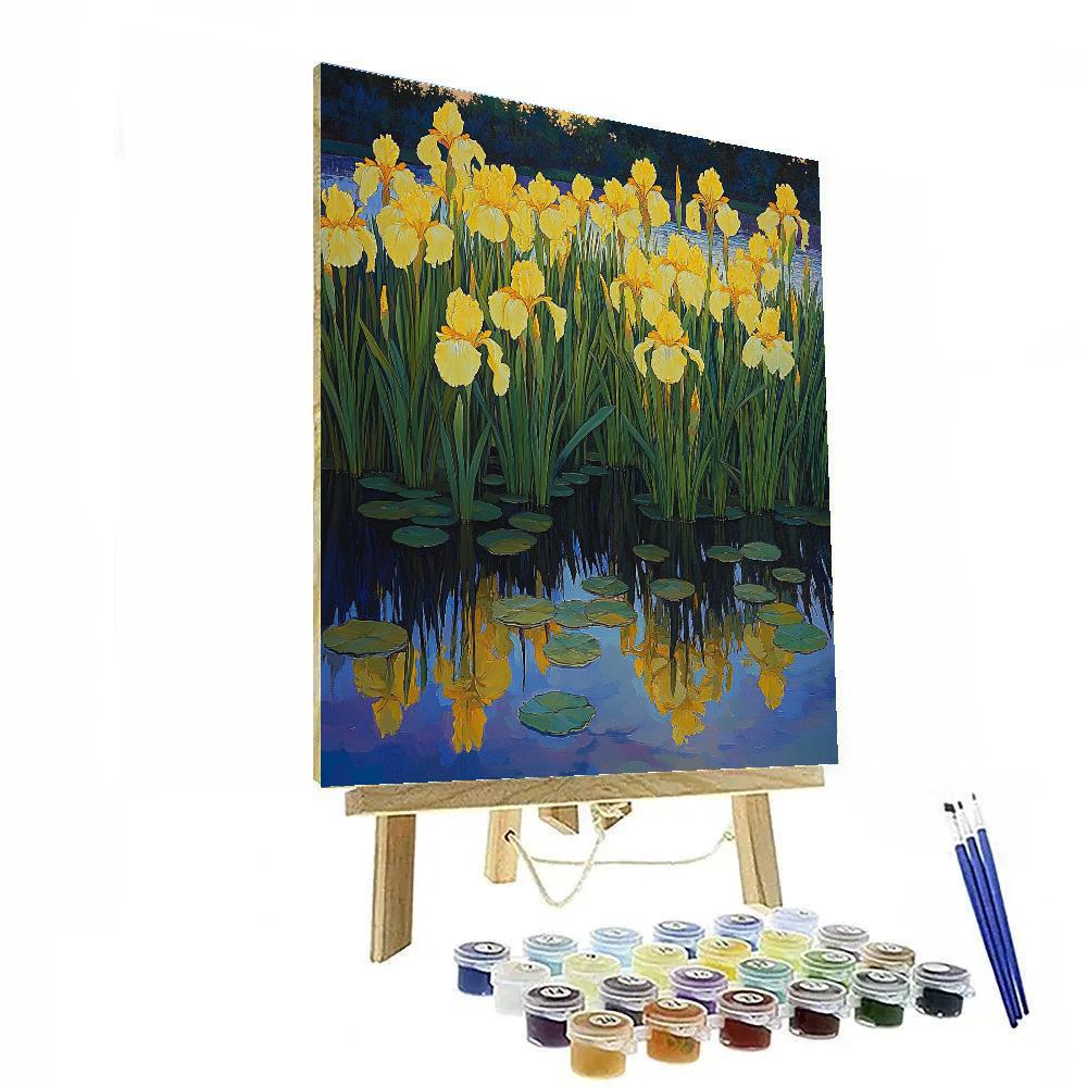 Claude Monet Inspired Yellow Iris Reflections At Dusk paint by number