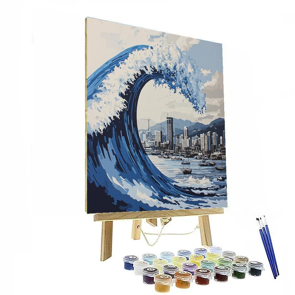 Hokusai Inspired Great Wave Over City Harbor Painting by numbers kit