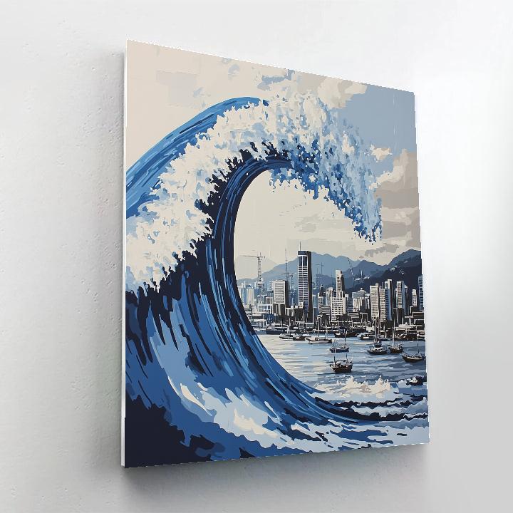 Hokusai Inspired Great Wave Over City Harbor Painting by numbers kit