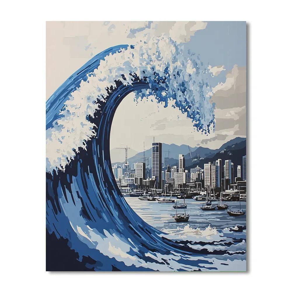 Hokusai Inspired Great Wave Over City Harbor Painting by numbers kit