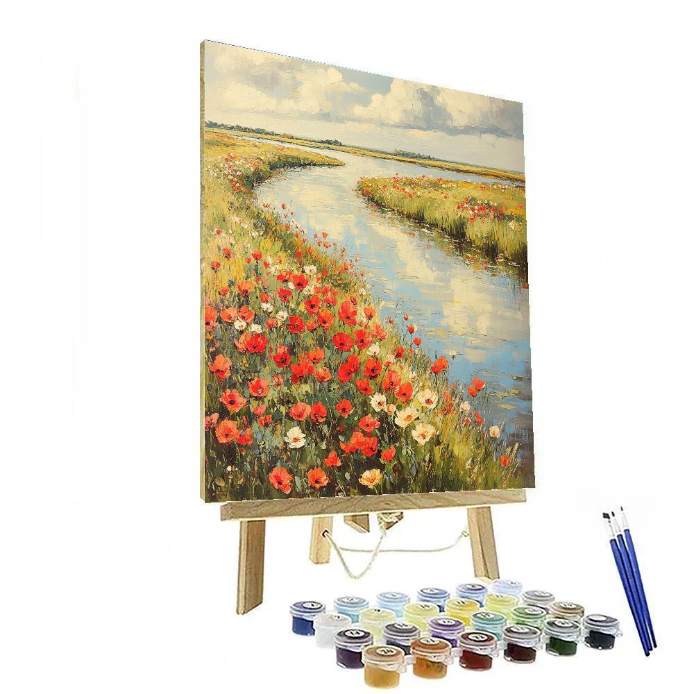 Claude Monet Inspired Riverbank Poppies Under Soft Clouds Number painting