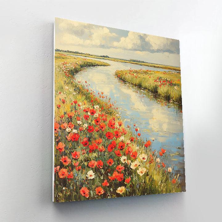 Claude Monet Inspired Riverbank Poppies Under Soft Clouds Number painting