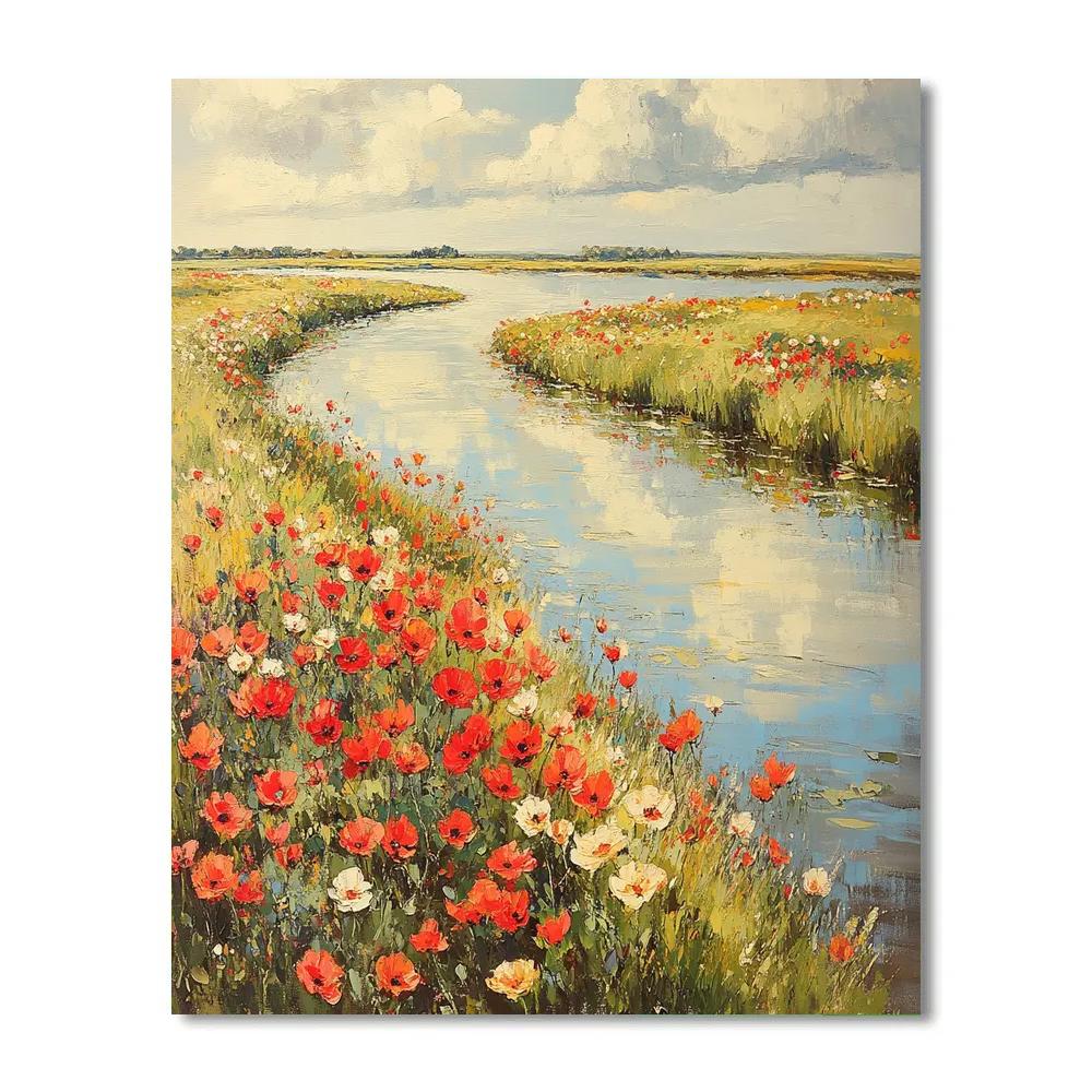 Claude Monet Inspired Riverbank Poppies Under Soft Clouds Number painting
