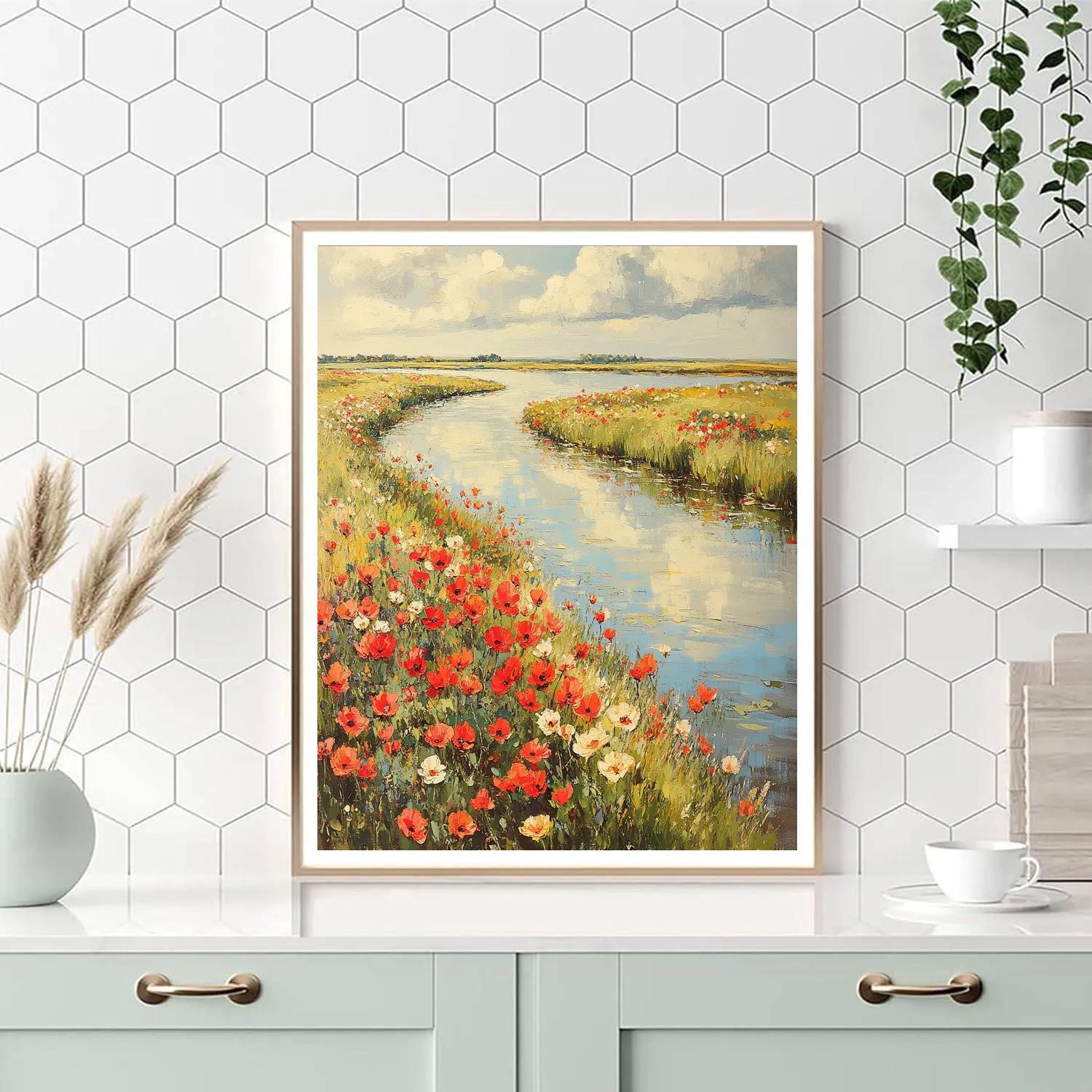 Claude Monet Inspired Riverbank Poppies Under Soft Clouds Number painting